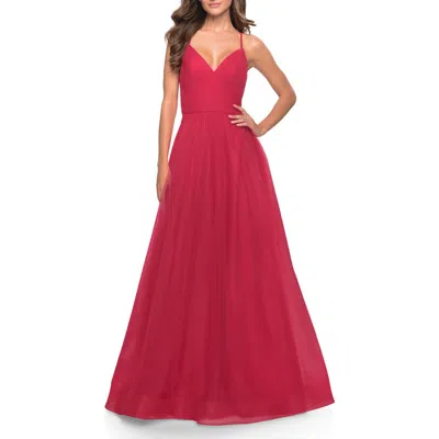 La Femme Long Tulle A-line Gown With Side Slit And Pockets In Red
