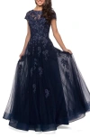 La Femme Long Tulle Gown With Intricate Lace Detailing In Navy