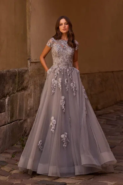 La Femme Long Tulle Gown With Intricate Lace Detailing In Silver