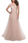 La Femme Long Tulle Gown With Lace Bodice And Pockets In Light Blush