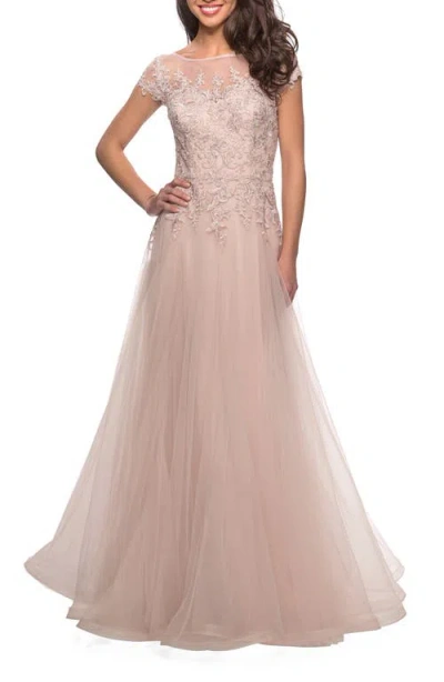 La Femme Long Tulle Gown With Lace Bodice And Pockets In Light Blush