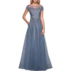 La Femme Long Tulle Gown With Lace Bodice And Pockets In Smoky Blue