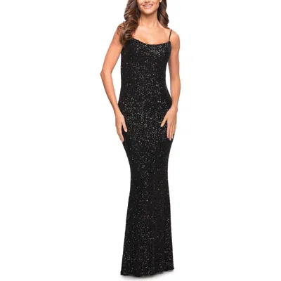 La Femme Lovely Long Soft Sequin Dress With Scoop Neck In Black