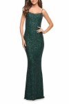 La Femme Lovely Long Soft Sequin Dress With Scoop Neck In Emerald