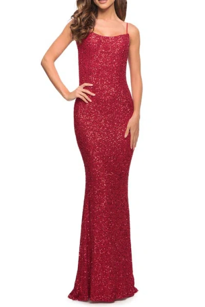 La Femme Lovely Long Soft Sequin Dress With Scoop Neck In Red