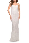 La Femme Lovely Long Soft Sequin Dress With Scoop Neck In White
