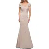 La Femme Lovely Ruched Mermaid Satin Gown With Unique Neckline