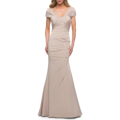 La Femme Lovely Ruched Mermaid Satin Gown With Unique Neckline
