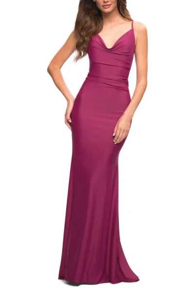 La Femme Luxe Simple Jersey Gown With Draped Neckline In Berry