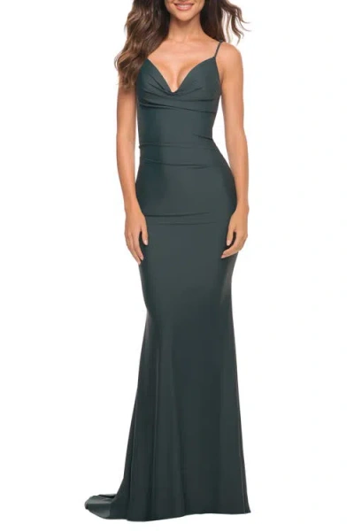 La Femme Luxe Simple Jersey Gown With Draped Neckline In Dark Emerald
