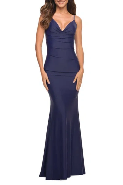 La Femme Luxe Simple Jersey Gown With Draped Neckline In Navy