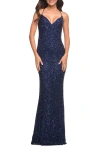 La Femme Luxurious Soft Sequin Dress With V Neckline
