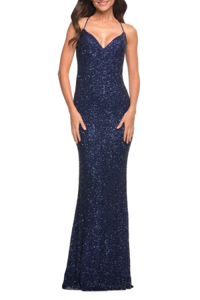La Femme Luxurious Soft Sequin Dress With V Neckline