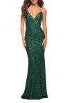 La Femme Luxurious Soft Sequin Dress With V Neckline In Emerald