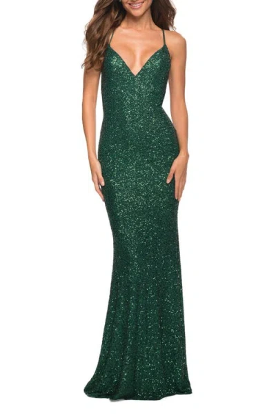 La Femme Luxurious Soft Sequin Dress With V Neckline In Emerald