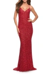 La Femme Luxurious Soft Sequin Dress With V Neckline In Red