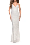La Femme Luxurious Soft Sequin Dress With V Neckline In White