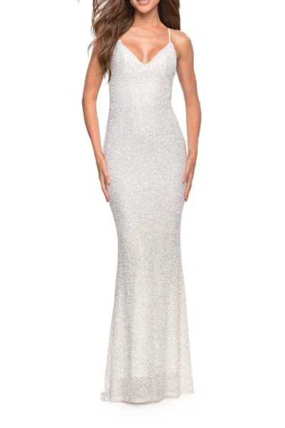 La Femme Luxurious Soft Sequin Dress With V Neckline In White