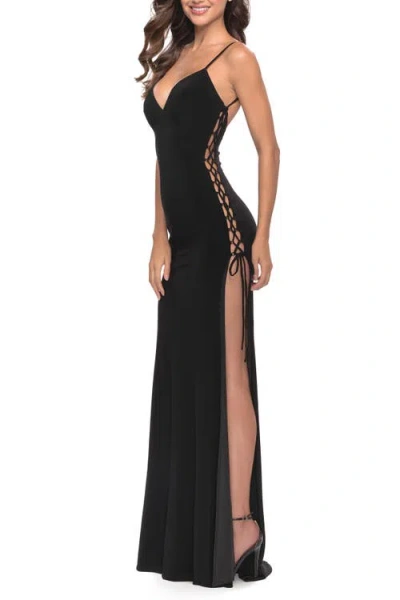 La Femme Matte Jersey Dress Featuring Open Lace Up Sides In Black