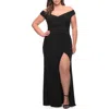 La Femme Matte Jersey Long Plus Dress With Ruching And Slit In Black