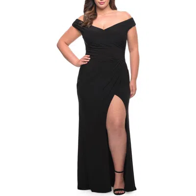 La Femme Matte Jersey Long Plus Dress With Ruching And Slit In Black