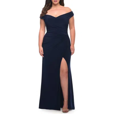 La Femme Matte Jersey Long Plus Dress With Ruching And Slit In Blue