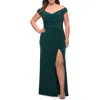 La Femme Matte Jersey Long Plus Dress With Ruching And Slit In Green