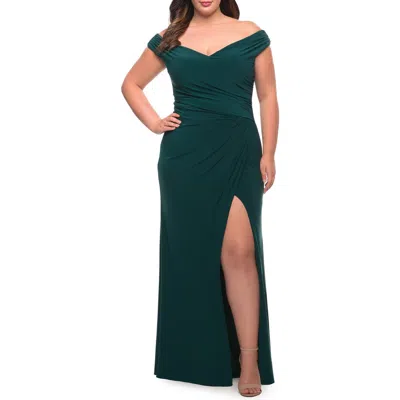 La Femme Matte Jersey Long Plus Dress With Ruching And Slit In Green