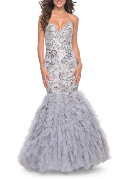 La Femme Mermaid Beaded Floral Gown With Ruffle Detailed Skirt