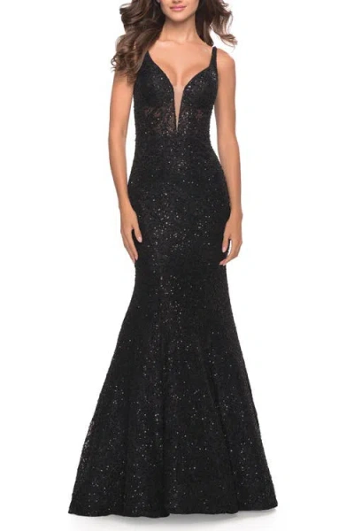 La Femme Mermaid Beaded Lace Dress With Sheer Bodice
