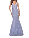 La Femme Mermaid Beaded Lace Prom Dress With Illusion Sides In Blue