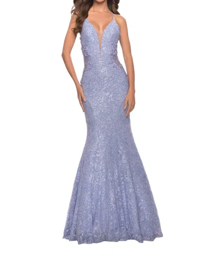 LA FEMME MERMAID BEADED LACE PROM DRESS IN LIGHT PERIWINKLE
