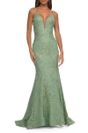 La Femme Mermaid Beaded Lace Prom Dress With Illusion Sides In Sage