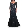 La Femme Mermaid Lace Applique Gown With V Neckline And Sleeves In Black/navy