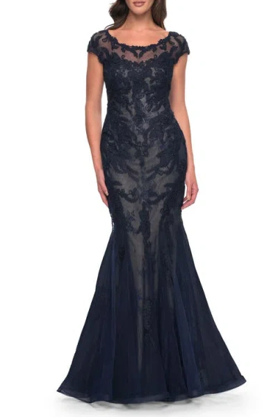 La Femme Mermaid Lace Dress With Cap Sleeves And Illusion Neckline In Navy