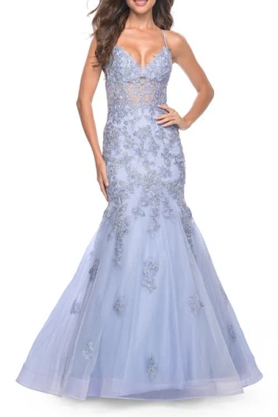 La Femme Mermaid Lace Embellished Gown With Illusion Top