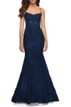 La Femme Mermaid Lace Gown With Sheer Bodice And Open Back In Navy