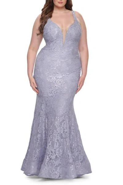 La Femme Mermaid Lace Plus Size Prom Dress With Deep V In Light Periwinkle