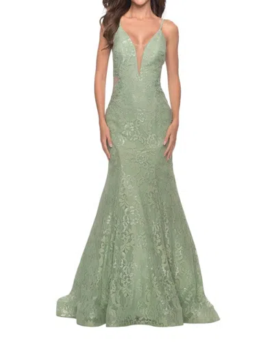 La Femme Mermaid Lace Prom Dress In Sage In Green