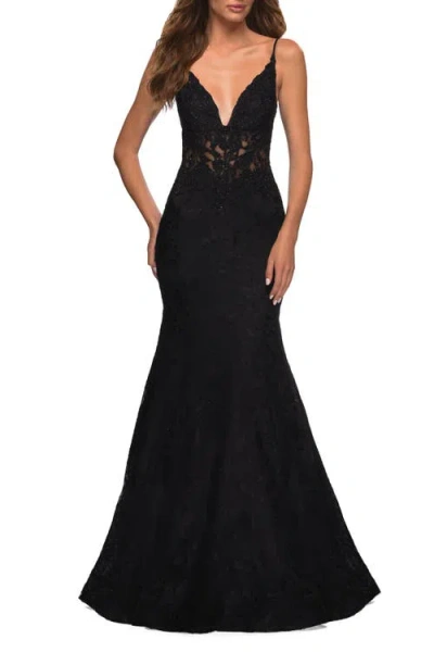 La Femme Mermaid Lace Prom Dress With Sheer Jeweled Bodice In Black
