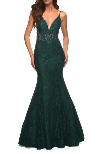 La Femme Mermaid Lace Prom Dress With Sheer Jeweled Bodice In Dark Emerald