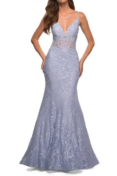 La Femme Mermaid Lace Prom Dress With Sheer Jeweled Bodice In Light Periwinkle