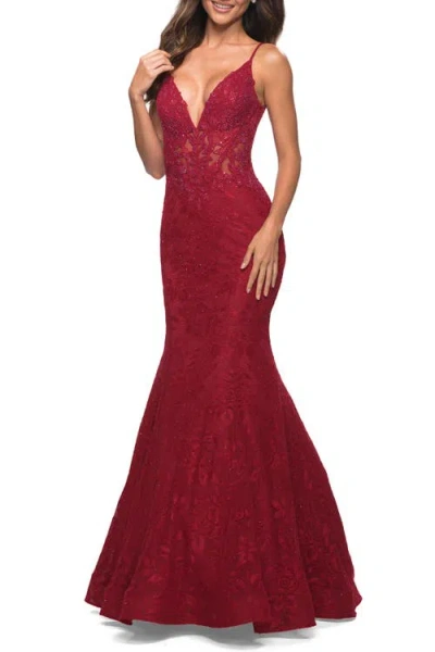 La Femme Mermaid Lace Prom Dress With Sheer Jeweled Bodice In Red