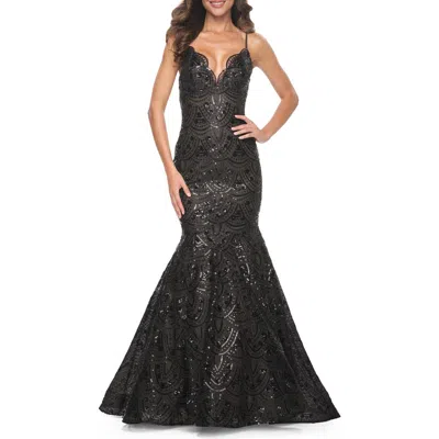 La Femme Mermaid Print Sequin Dress With Scallop Detail Neckline