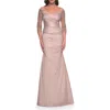La Femme Mermaid Satin Dress With Gathering And Off The Shoulder Top In Champagne