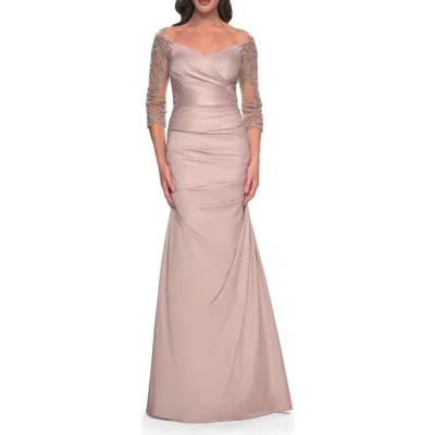 La Femme Mermaid Satin Dress With Gathering And Off The Shoulder Top In Champagne