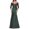 La Femme Mermaid Satin Dress With Gathering And Off The Shoulder Top In Emerald