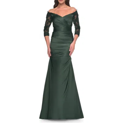 La Femme Mermaid Satin Dress With Gathering And Off The Shoulder Top In Emerald
