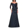 La Femme Mermaid Satin Dress With Gathering And Off The Shoulder Top In Navy