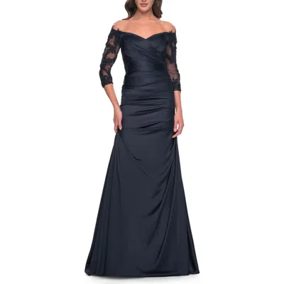 La Femme Mermaid Satin Dress With Gathering And Off The Shoulder Top In Navy